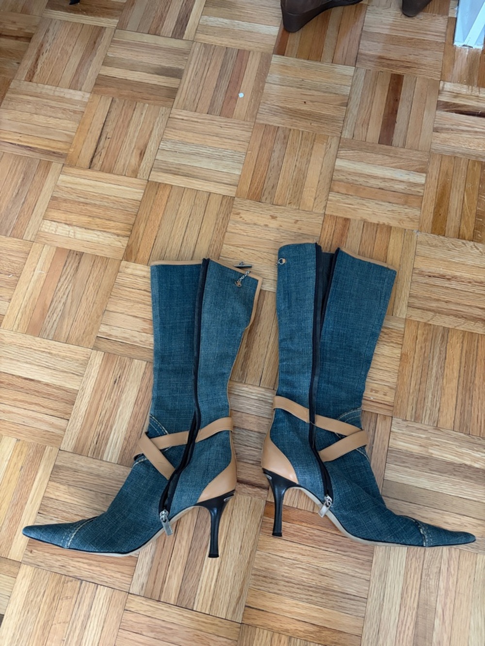 Karen Millen Blue Denim Knee-High Pointed Toe Stiletto Boots with Tan Straps
